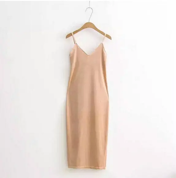 Sexy Aa Backless V Neck Sleeveless Side Slit Velvet Dress Women Bm Retro Velour Long Spaghetti Strap Base Dress 8 Color 5