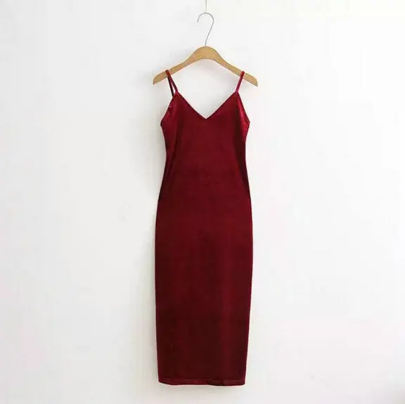 Sexy Aa Backless V Neck Sleeveless Side Slit Velvet Dress Women Bm Retro Velour Long Spaghetti Strap Base Dress 8 Color 8