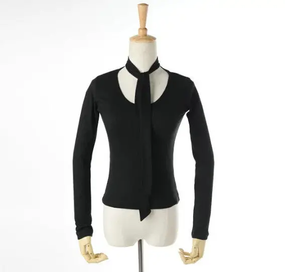 Sexy Aa Bow Neck Lacing Up Tee Women Stream Neck Long Sleeve Knitted Cotton Short T-Shirt Crop Top Black Gray 1