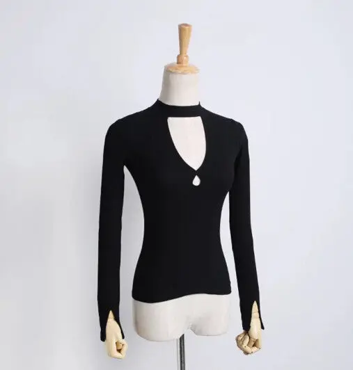 Sexy Aa Brandage Half Stand Collar Hollow Long Sleeve Tee Women Double Hole Neck T Shirt Jersey T Shirt Tops 5 Colors 1