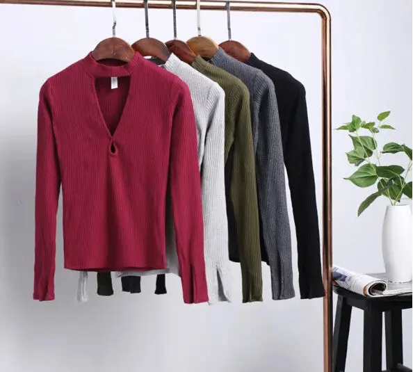Sexy Aa Brandage Half Stand Collar Hollow Long Sleeve Tee Women Double Hole Neck T Shirt Jersey T Shirt Tops 5 Colors 10