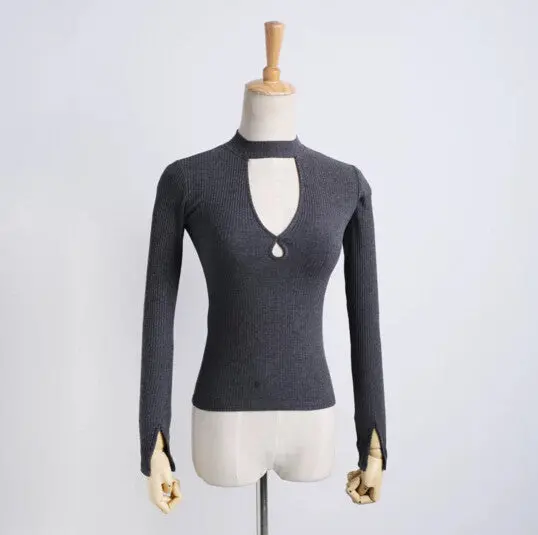 Sexy Aa Brandage Half Stand Collar Hollow Long Sleeve Tee Women Double Hole Neck T Shirt Jersey T Shirt Tops 5 Colors 5
