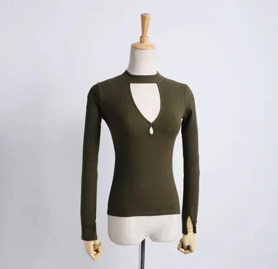 Sexy Aa Brandage Half Stand Collar Hollow Long Sleeve Tee Women Double Hole Neck T Shirt Jersey T Shirt Tops 5 Colors 7