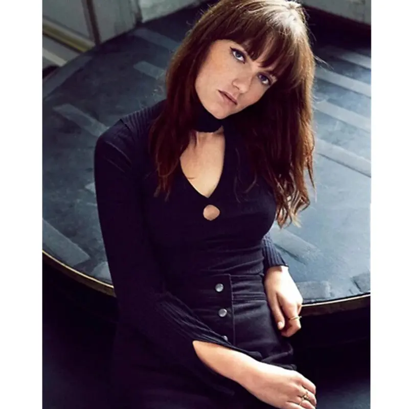 Sexy Aa Brandage Half Stand Collar Hollow Long Sleeve Tee Women Double Hole Neck T Shirt Jersey T Shirt Tops 5 Colors 7