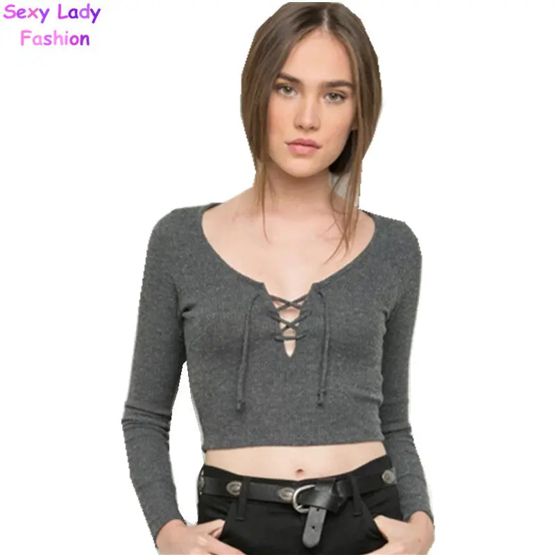 Sexy Aa Brandage V Neck Long Sleeve Tee Women Tie Neck Cross Lacing Up Jersey T Shirt Brandy Melville 6 Colors 7