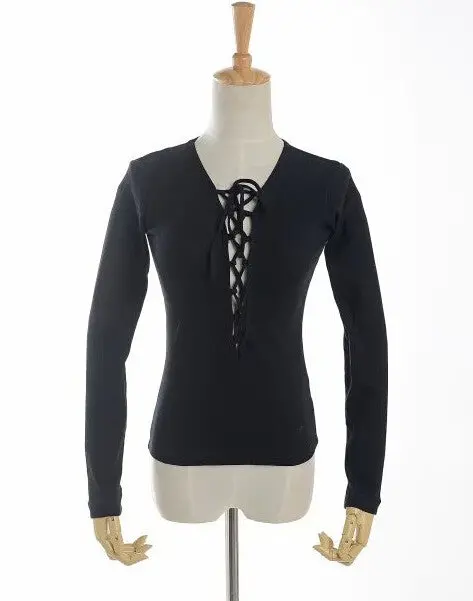Sexy Aa Tie Neck Cross Lacing Up Tee Women V Neck Long Sleeve Knitted Cotton Short T-Shirt Crop Top 5 Colors 1