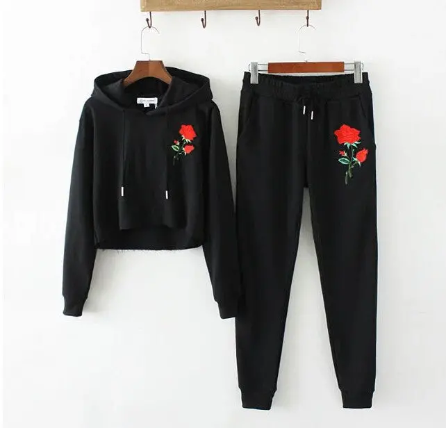 Sexy Appliques Flower Embroidery Hoodies Sets Woman Crop Sweatshirt Casual Tracksuit Long Sleeve Sportswear 1