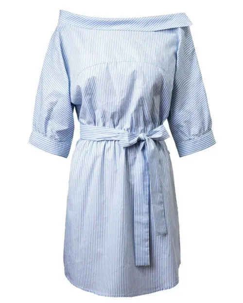 Sexy Asymmetrical Oblique Neck Striped Dress Women Slash Neck Off Shoulder Shirt Dress Half Sleeve Sashes Dresses 1