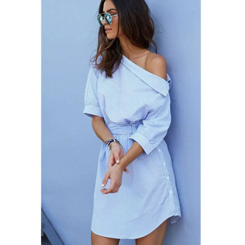 Sexy Asymmetrical Oblique Neck Striped Dress Women Slash Neck Off Shoulder Shirt Dress Half Sleeve Sashes Dresses 2