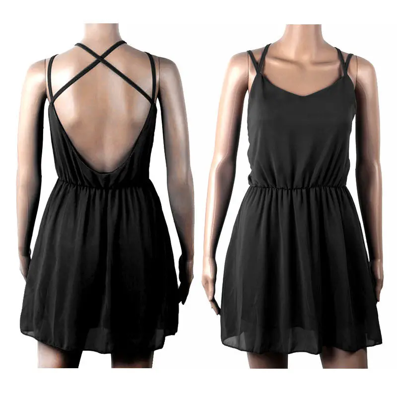 Sexy Backless Cross Sleeveless Women Femme Chiffon Beach Dress Plus Size Mini Dress 4