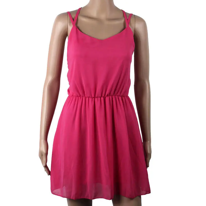 Sexy Backless Cross Sleeveless Women Femme Chiffon Beach Dress Plus Size Mini Dress 7