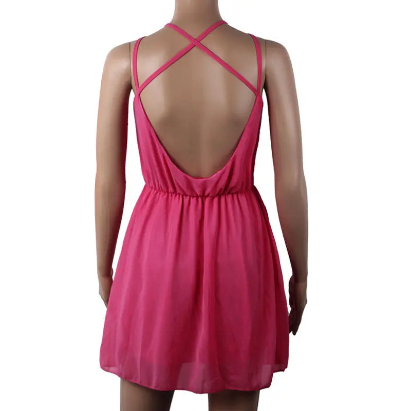 Sexy Backless Cross Sleeveless Women Femme Chiffon Beach Dress Plus Size Mini Dress 8