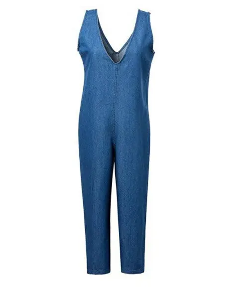 Sexy Backless Deep V Neck Denim Jumpsuit Calf Length Pants Vintage Street Women Sleeveless Jeans Rompers 1