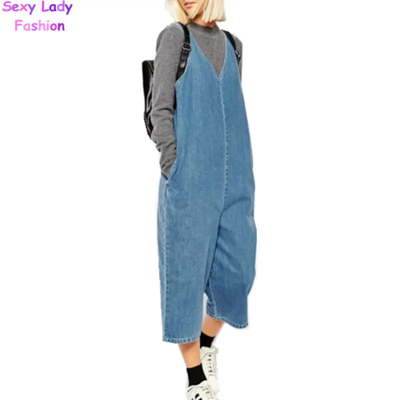 Sexy Backless Deep V Neck Denim Jumpsuit Calf Length Pants Vintage Street Women Sleeveless Jeans Rompers 2