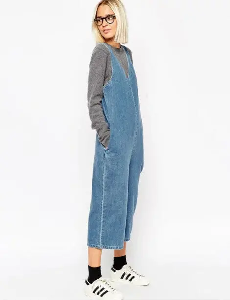 Sexy Backless Deep V Neck Denim Jumpsuit Calf Length Pants Vintage Street Women Sleeveless Jeans Rompers 3