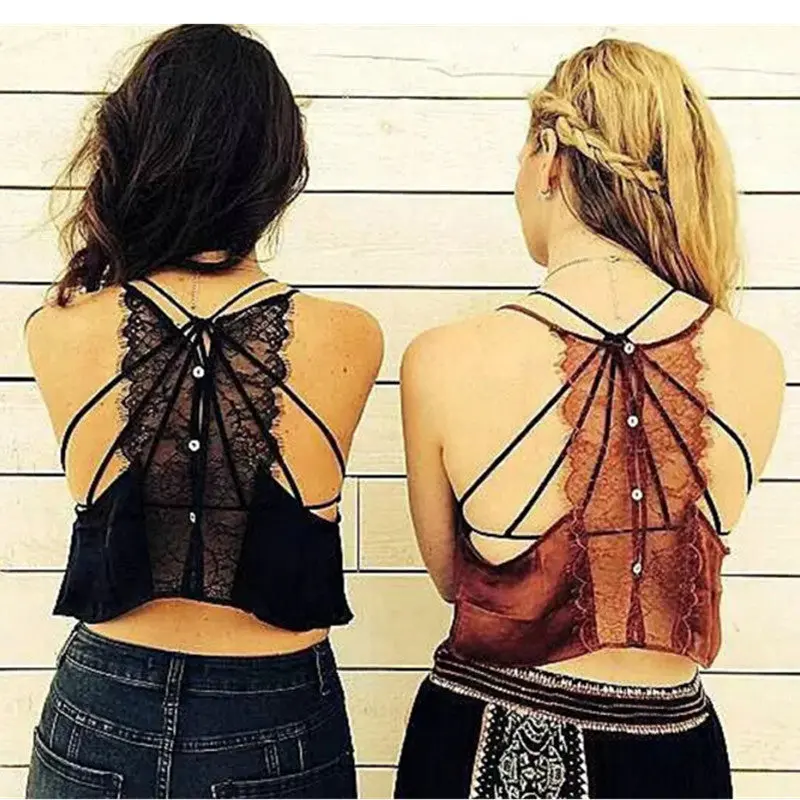Sexy Backless Eyelash Lace Halter Bra Tank Bustier Buttons Back Crop Top Brandy Off The Shoulder Tops Camisa S M 4 Colors 5
