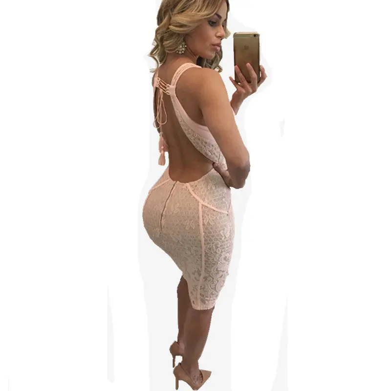 Sexy Backless Lace Party Dress Hollow Deep V Neck Embroidery Bodycon Dress Pink Lace Crochet Women Dress Sleeveless 3