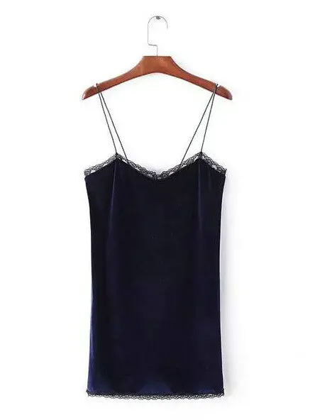 Sexy Backless Lace V Neck Sleeveless Velvet Dress Women Spliced Lace Hem Short Base Dress Navy Blue 1