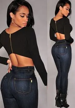 Sexy Backless Long Sleeve Crop Top T Shirts O Neck Back Zipper Top Solid Color Cropped Tops Short T Shirt Women 1