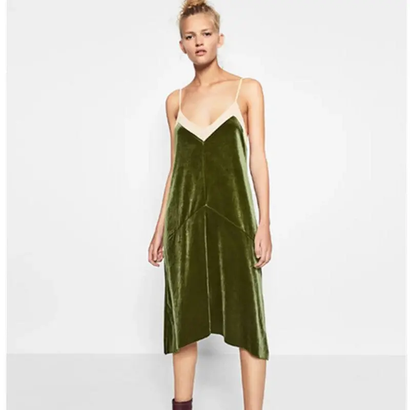 Sexy Backless Mesh V Neck Sleeveless Velvet Dress Women Retro Velour Spliced Mesh Short Base Dress Amry Green 2