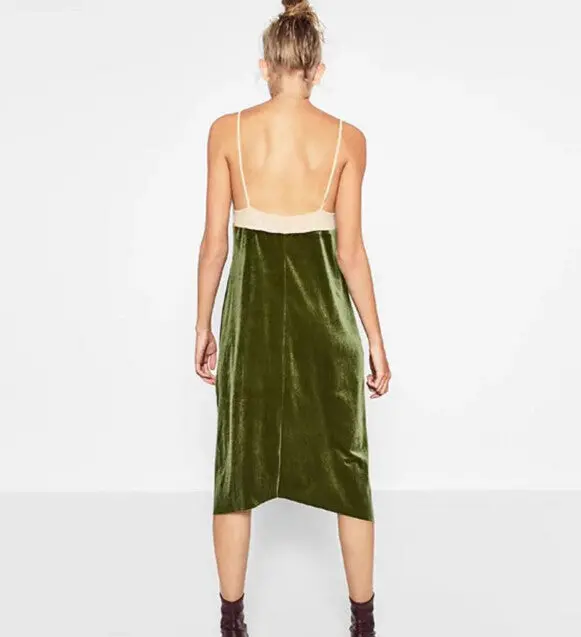 Sexy Backless Mesh V Neck Sleeveless Velvet Dress Women Retro Velour Spliced Mesh Short Base Dress Amry Green 3