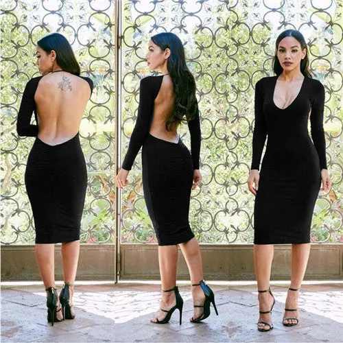 Sexy Backless Party Dresses Long Sleeve Bodycon Midi Dress Night Club Party Dress Women V Neck Back Open Dress 1
