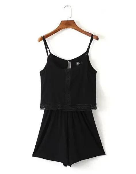 Sexy Backless Spliced Hollow Out Lace Sling Short Jumpsuit Women False 2 Pieces Rompers Playsuits Black Orangered Colors 1