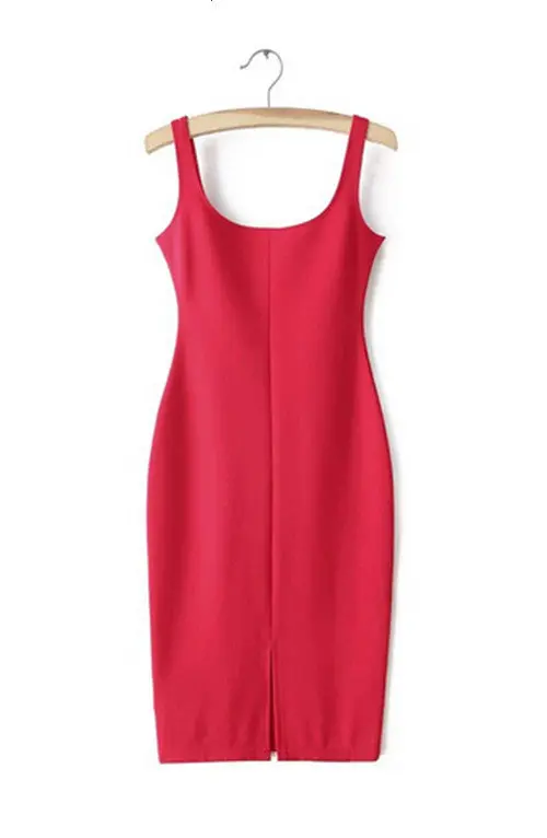 Sexy Backless Stretch Bodycon Slim Tank Dress American Aa O Neck Back Split Sleeveless Knee-Length Dresses 8