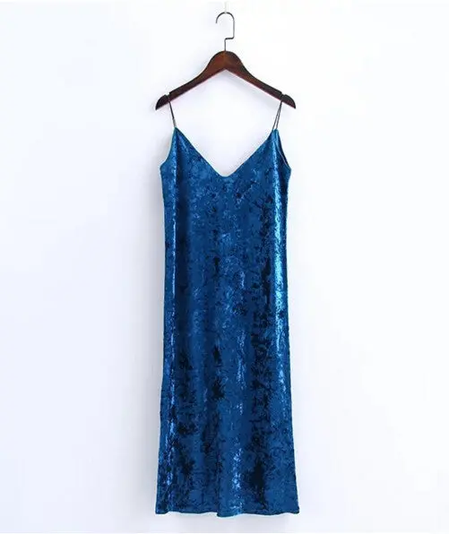 Sexy Backless V Neck Sleeveless Back Slit Velvet Dress Woman Retro Bright Velour Long Spaghetti Strap Base Dress 3 Colors 1
