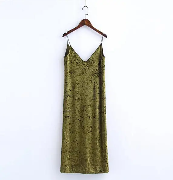 Sexy Backless V Neck Sleeveless Back Slit Velvet Dress Woman Retro Bright Velour Long Spaghetti Strap Base Dress 3 Colors 2