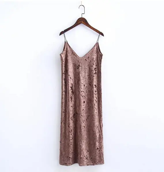 Sexy Backless V Neck Sleeveless Back Slit Velvet Dress Woman Retro Bright Velour Long Spaghetti Strap Base Dress 3 Colors 3