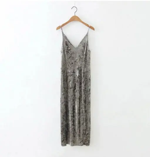 Sexy Backless V Neck Sleeveless Back Slit Velvet Dress Women Bm Retro Velour Long Spaghetti Strap Base Dress 7