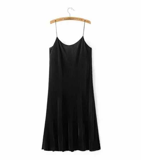 Sexy Backless V Neck Sleeveless Pleated Dress Women Vintage Spaghetti Strap Mid Long Outer Dress Black 1