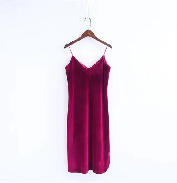Sexy Backless V Neck Sleeveless Side Slit Velvet Dress Woman Retro Bright Velour Long Spaghetti Strap Base Dress 8 Colors 1