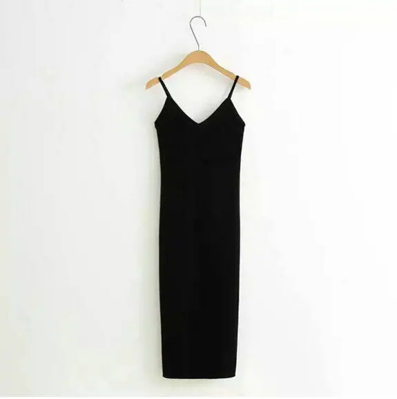 Sexy Backless V Neck Sleeveless Side Slit Velvet Dress Women Bm Retro Velour Long Spaghetti Strap Base Dress 5 Colors 1