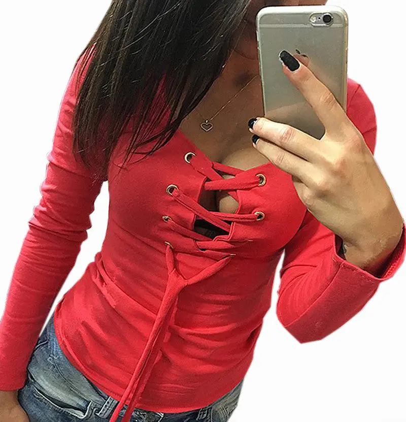 Sexy Bandage Lace Up Long-Sleeve Shirt Women Deep V Tshirts Tops 5 Colors Lx068 6