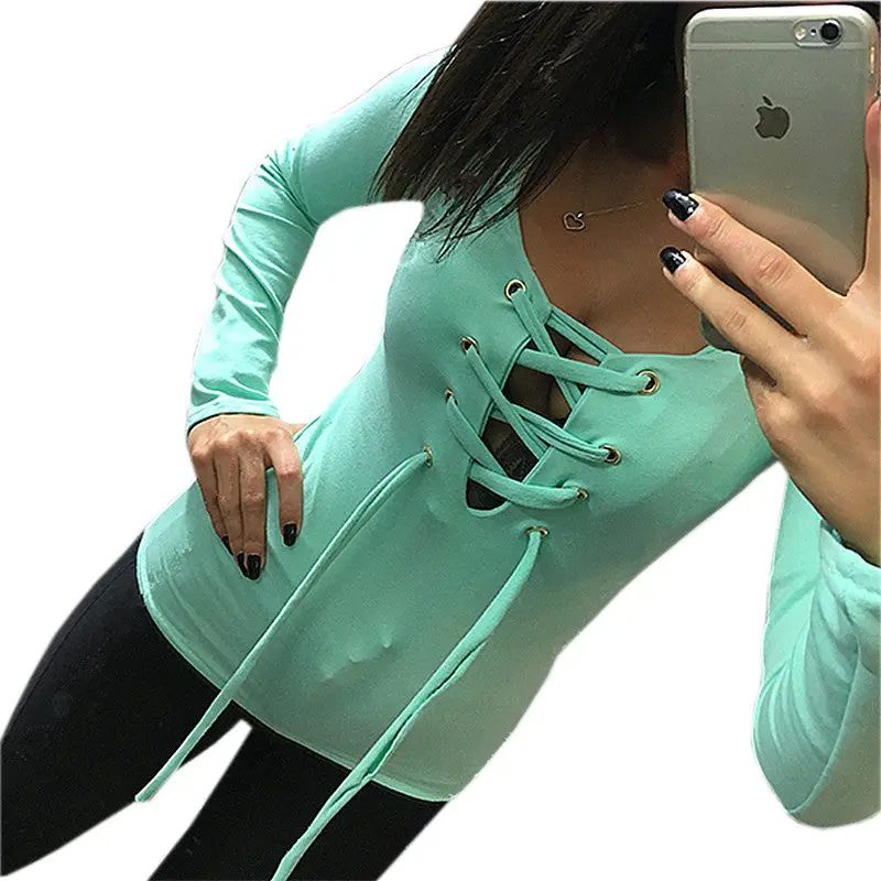 Sexy Bandage Lace Up Long-Sleeve Shirt Women Deep V Tshirts Tops 5 Colors Lx068 7