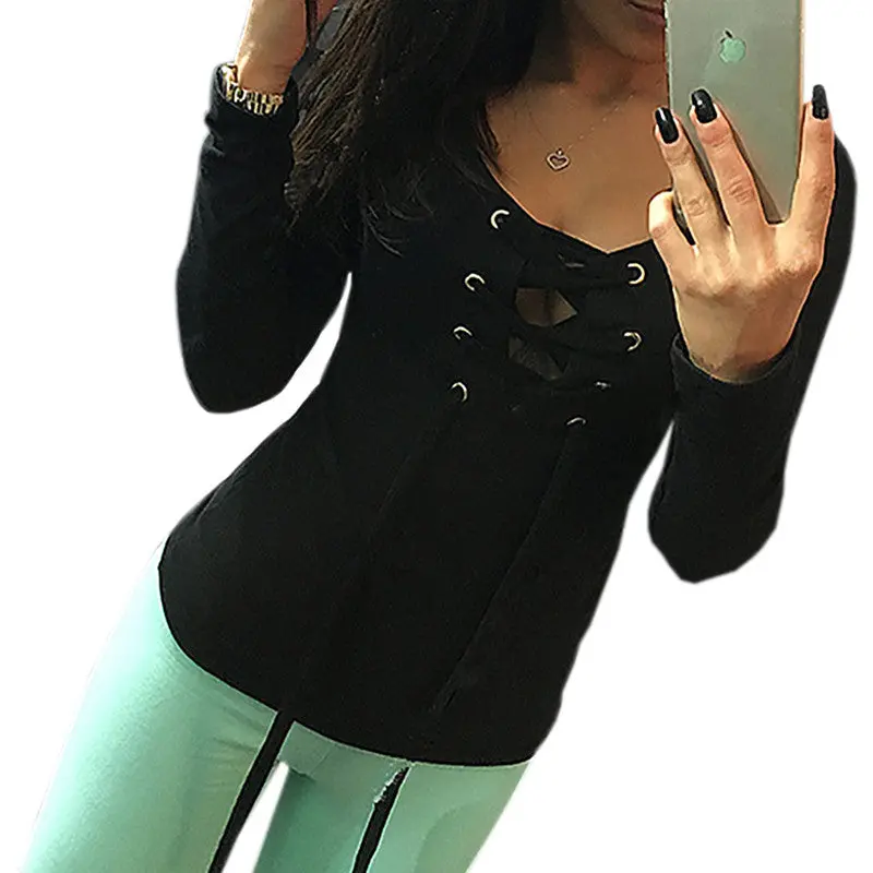Sexy Bandage Lace Up Long-Sleeve Shirt Women Deep V Tshirts Tops 5 Colors Lx068 8