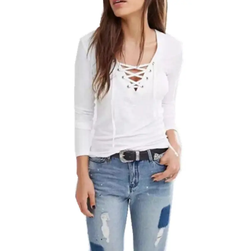 Sexy Bandage V Neck Long Sleeve Tee Women Tie Neck Cross Lacing Up Jersey T Shirt White Black S M L 3