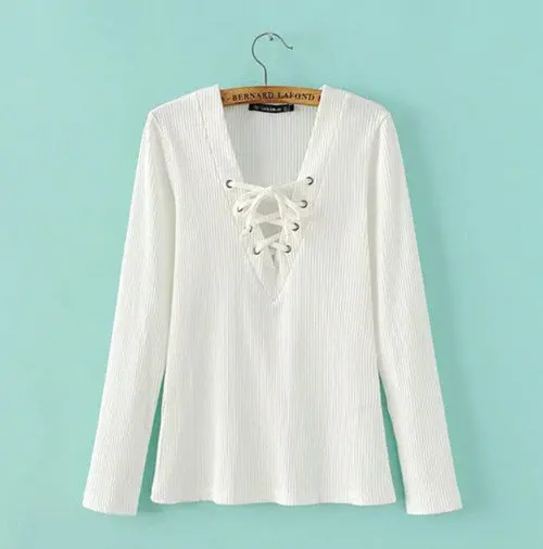 Sexy Bandage V Neck Long Sleeve Tee Women Tie Neck Cross Lacing Up Jersey T Shirt White Black S M L 4