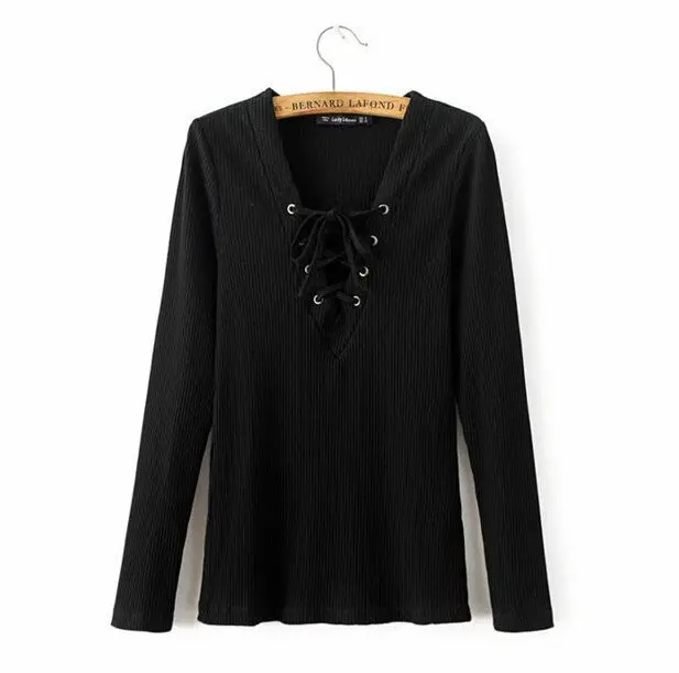 Sexy Bandage V Neck Long Sleeve Tee Women Tie Neck Cross Lacing Up Jersey T Shirt White Black S M L 4