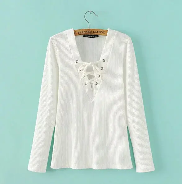 Sexy Bandage V Neck Long Sleeve Tee Women Tie Neck Cross Lacing Up Jersey T Shirt White Black S M L 5