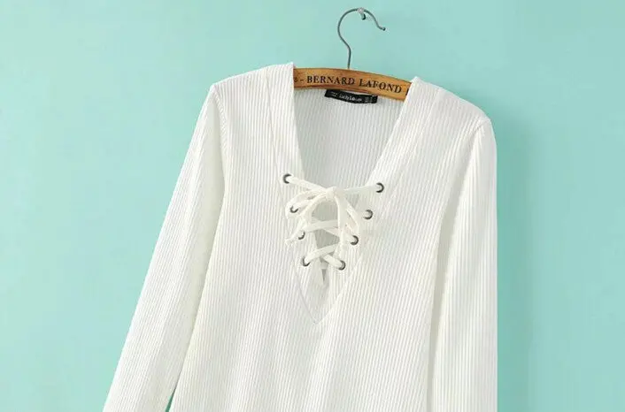 Sexy Bandage V Neck Long Sleeve Tee Women Tie Neck Cross Lacing Up Jersey T Shirt White Black S M L 6