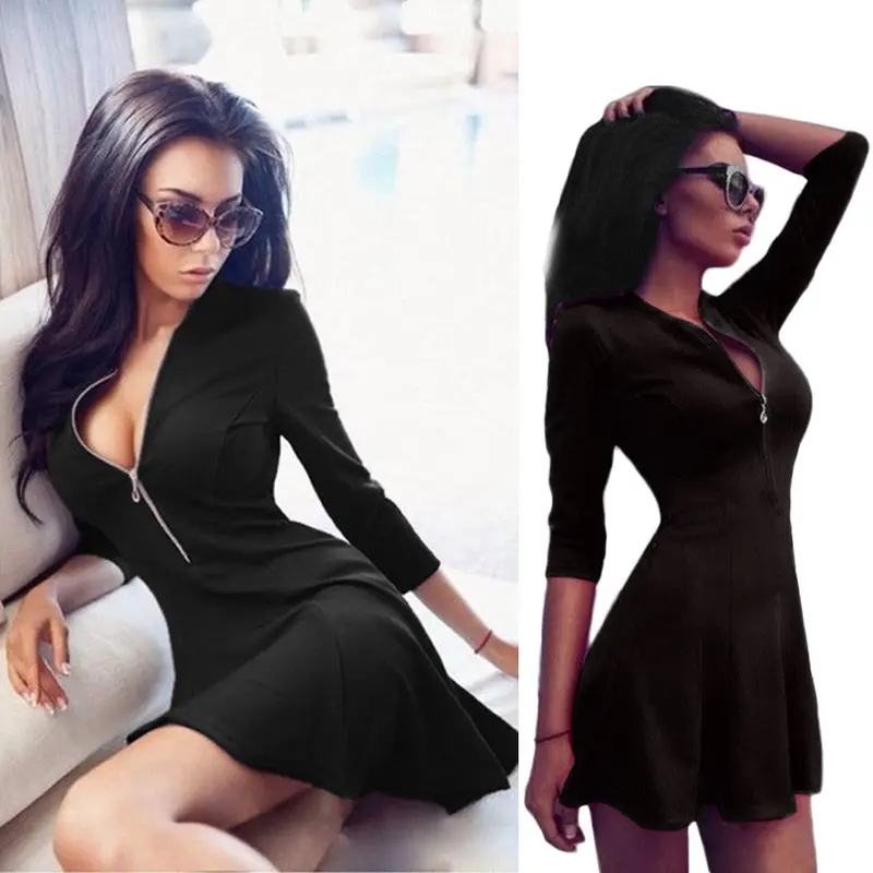 Sexy Black Dress Women Dress V-Neck Zipper Jumper Party Top Mini Dress Sale Feida 1