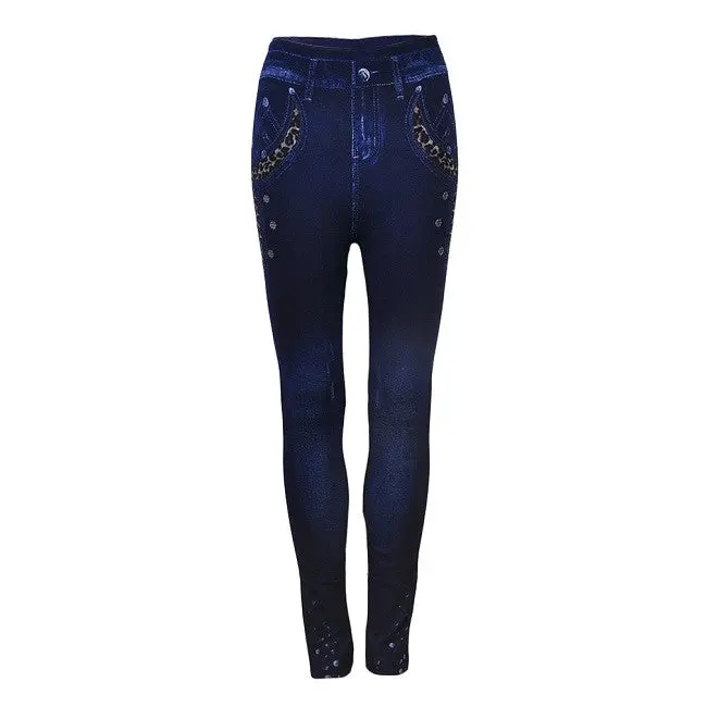 Sexy Blue Simulated Prints Jean Leggings Mid Waist Skinny Ankle Lengthpencil Leggings 1