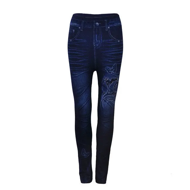 Sexy Blue Simulated Prints Jean Leggings Mid Waist Skinny Ankle Lengthpencil Leggings 2