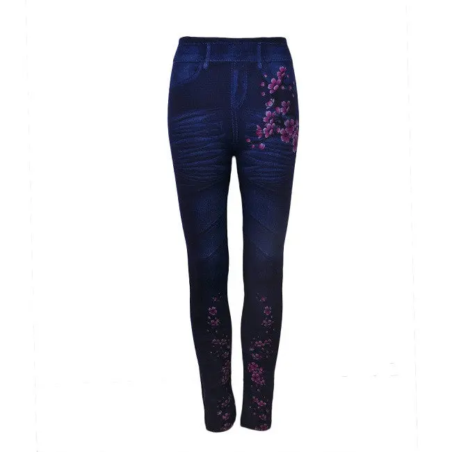 Sexy Blue Simulated Prints Jean Leggings Mid Waist Skinny Ankle Lengthpencil Leggings 3