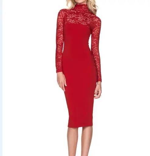 Sexy Bodycon Dress Lace Patchwork Turtleneck Midi Dresses Slim Long Sleeve Pencil Party Dress Veatidos Women Clothing M0491 4