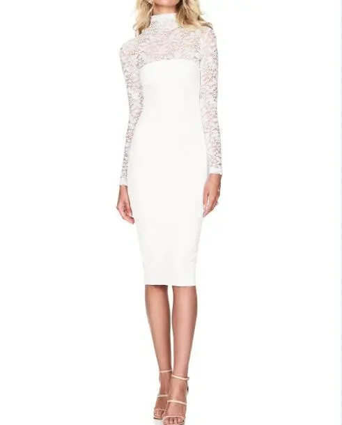 Sexy Bodycon Dress Lace Patchwork Turtleneck Midi Dresses Slim Long Sleeve Pencil Party Dress Veatidos Women Clothing M0491 4