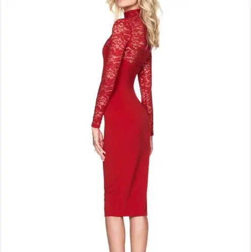 Sexy Bodycon Dress Lace Patchwork Turtleneck Midi Dresses Slim Long Sleeve Pencil Party Dress Veatidos Women Clothing M0491 5